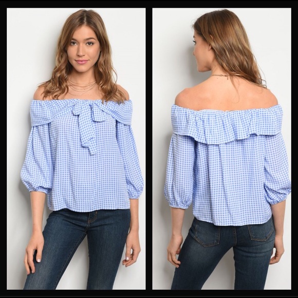 Blue Checker Bow Off Shoulder Top - Picture 7 of 8